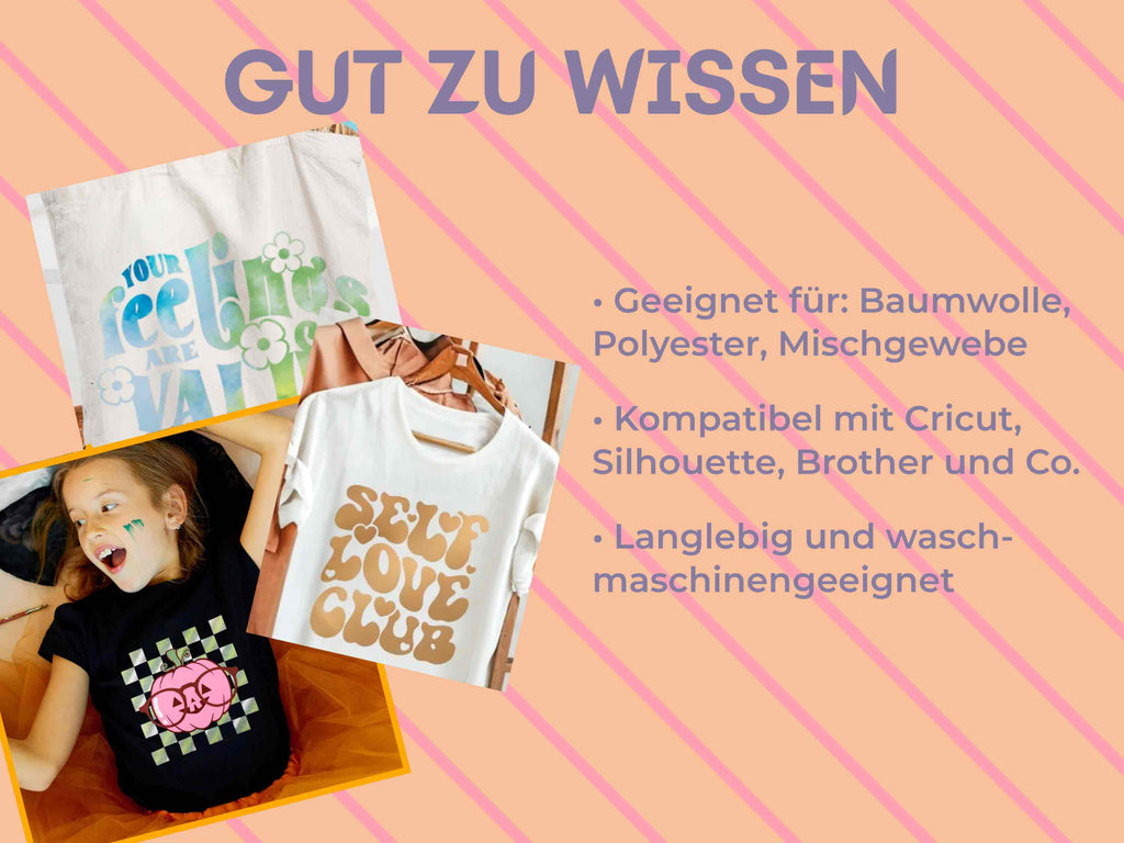 Anwendungsideen für das HTV-Starterset – T-Shirts, Stofftaschen und Kissen mit verschiedenen Folieneffekten gestaltet
