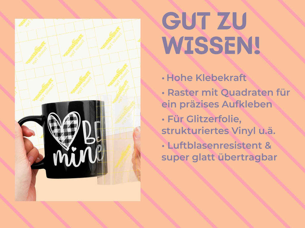 Wichtige Infos zur High Tack Transferfolie: starke Haftung, präzises Raster, ideal für Glitzer- und Strukturfolie – super glatt übertragbar.
