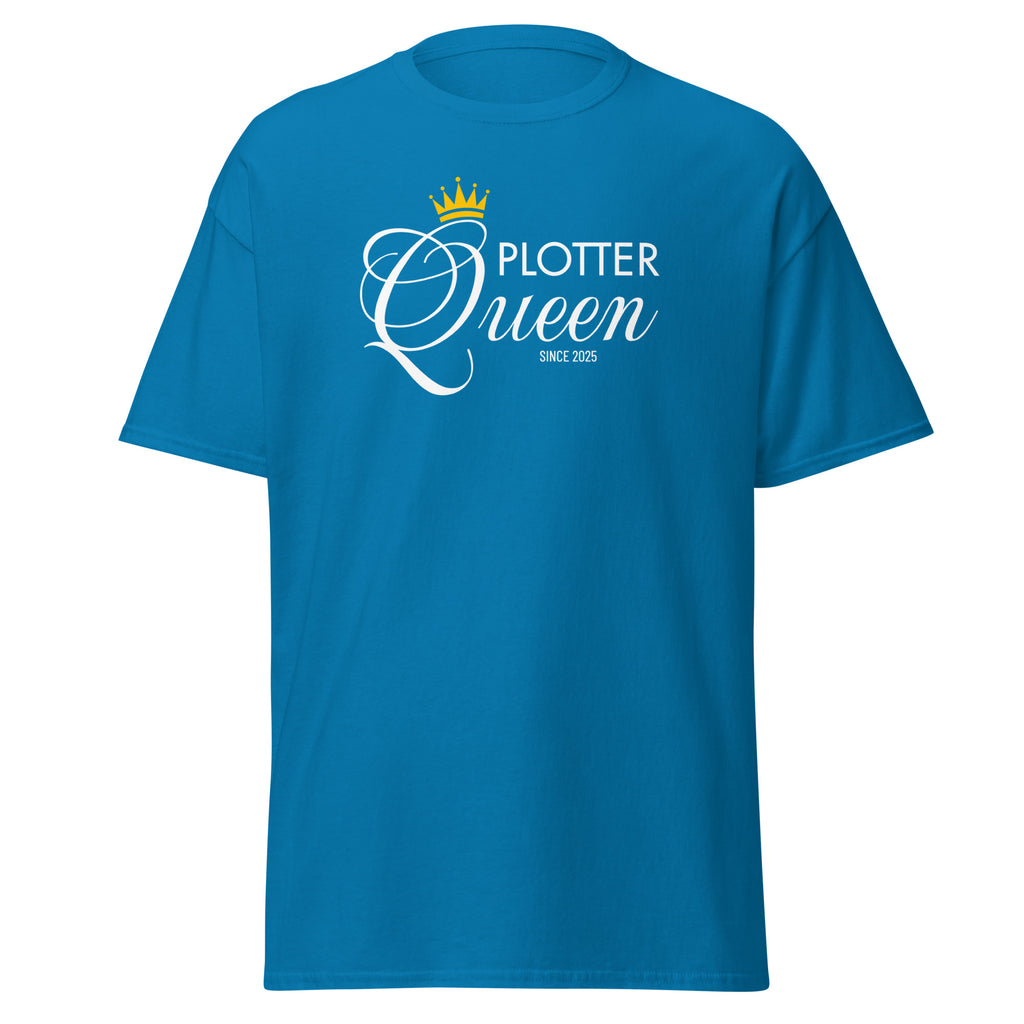 Plotter Queen T-Shirt in Saphirblau – strahlende Farbe mit weißem Queen-Schriftzug, Krone und Personalisierung.