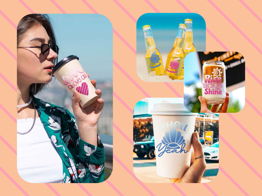 Inspiration für kreative Projekte mit der UV-Farbwechsel-Vinylfolie: Becher, Flaschen, Gläser mit personalisierten Designs – ideal für Cricut & Co.