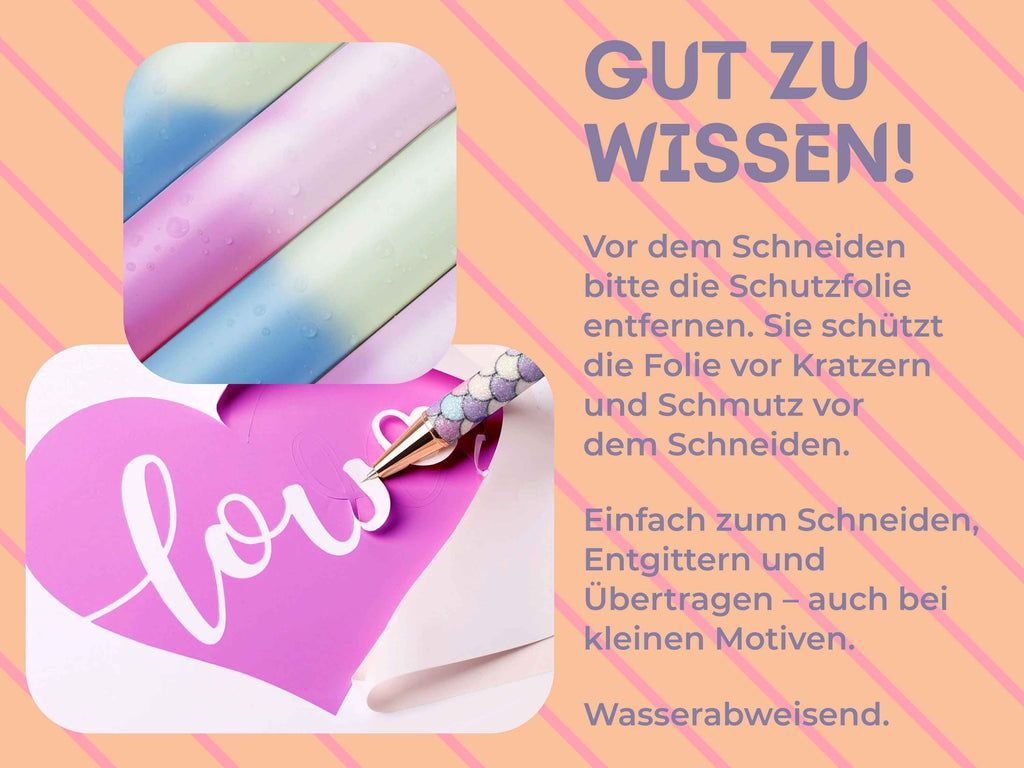 Wichtig: Schutzfolie vor dem Schneiden entfernen! Die UV-Vinylfolie lässt sich einfach schneiden, entgittern und übertragen – auch bei filigranen Motiven. Wasserabweisend.
