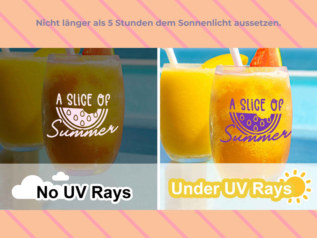 Farbumschlag der UV-Vinylfolie auf einem Glas im Sonnenlicht. Vorher-Nachher Effekt mit DIY-Design – perfekt für Sommerdeko und kreative Geschenkideen.