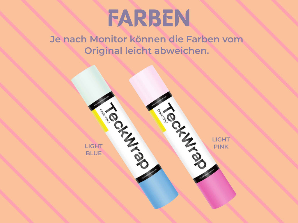 Die UV-Vinylfolien in den Farben Light Pink und Light Blue – vor und nach dem Farbwechsel bei Sonneneinstrahlung. Farbabweichungen je nach Monitor möglich.