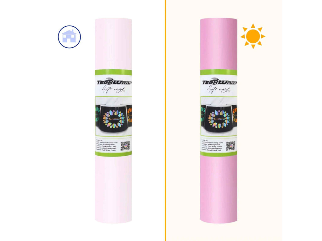 Selbstklebende UV-Folie von TeckWrap Craft in Light Pink – wechselt bei Sonnenlicht zu sattem Pink. Plotterfreundlich und leicht zu entgittern. Ideal für Becher, Fenster und mehr.