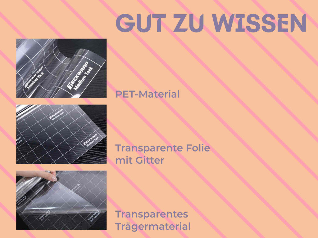 Versa Tape besteht aus PET-Material, ist transparent, glatt abrollbar und mit einem feinen Gitter für präzises Ausrichten versehen.
