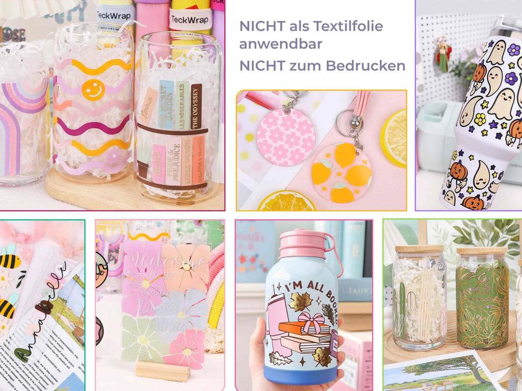 Anwendungsbeispiele für TeckWrap Craft Vinylfolien: bedruckte Gläser, Schlüsselanhänger, Flaschen und Sticker-Deko – nicht für Textilien geeignet.