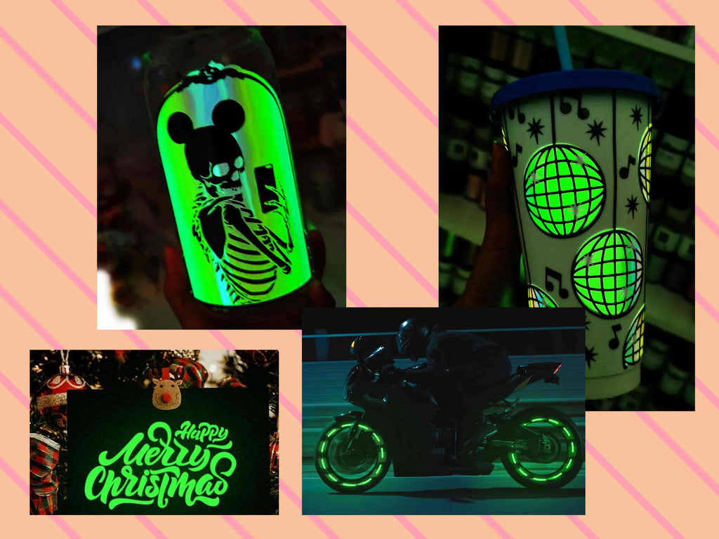 Beispiele für kreative Projekte mit Glow-in-the-Dark Vinyl: leuchtende Tassen, Motorradfelgen, Weihnachtsdeko und mehr.