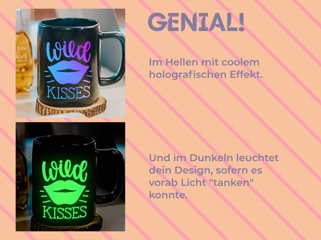 Die Vinylfolie von TeckWrap Craft zeigt im Hellen holografische Farben und leuchtet im Dunkeln, wenn sie vorher Licht gespeichert hat.