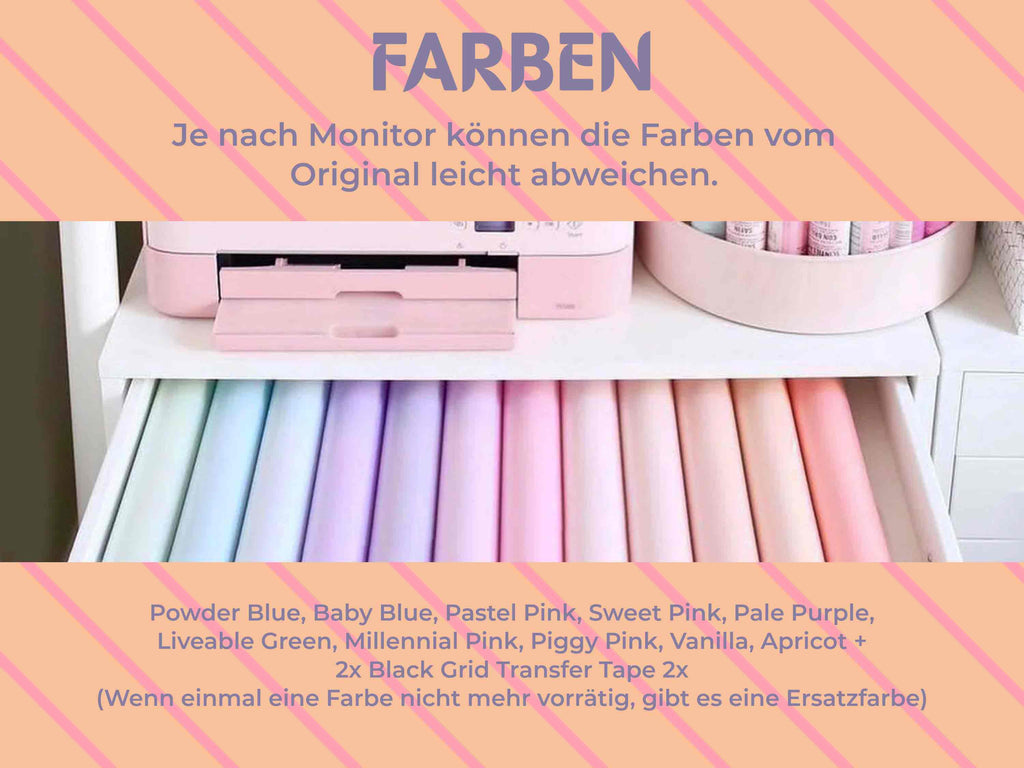 Pastellfarben des TeckWrap Craft Vinylfolien-Sets: von Powder Blue bis Apricot – inklusive 2 Transferfolien mit Black Grid für exakte Platzierung.