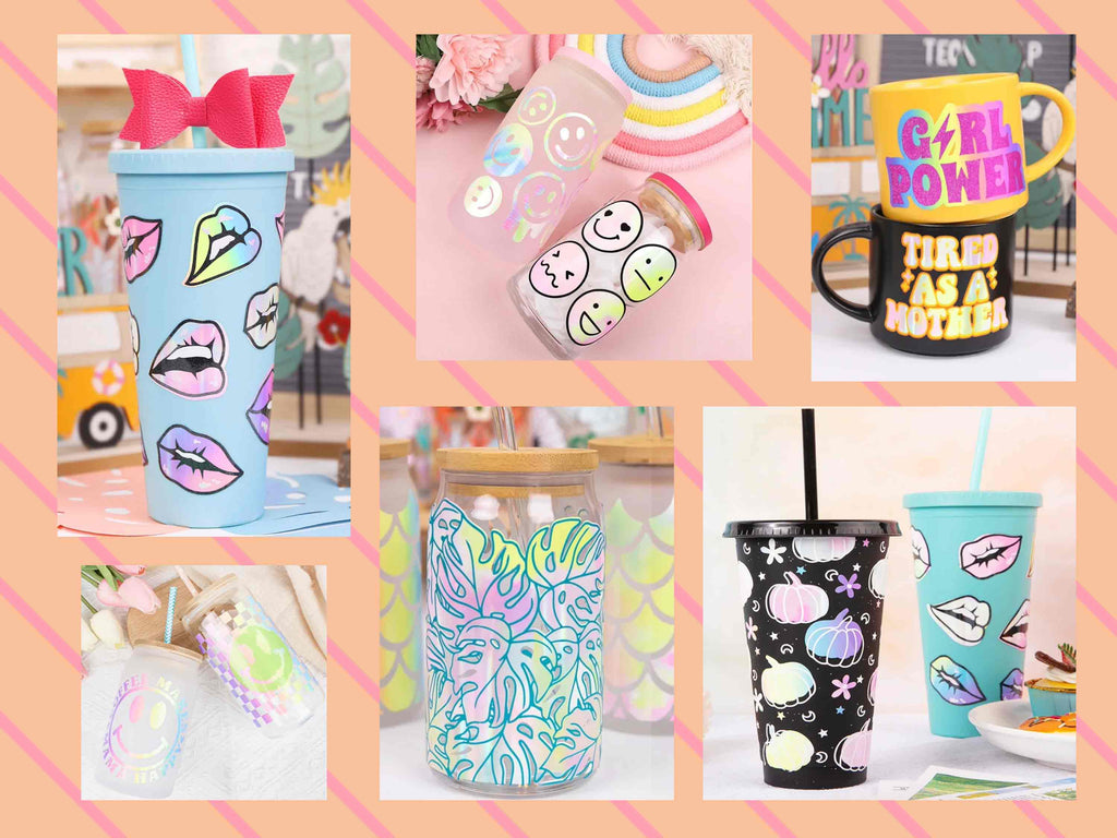 Tassen und Gläser verziert mit Candy Color Vinylfolien von TeckWrap Craft – ideal für DIY, Scrapbooking, Etiketten und kreative Deko mit Plotter.