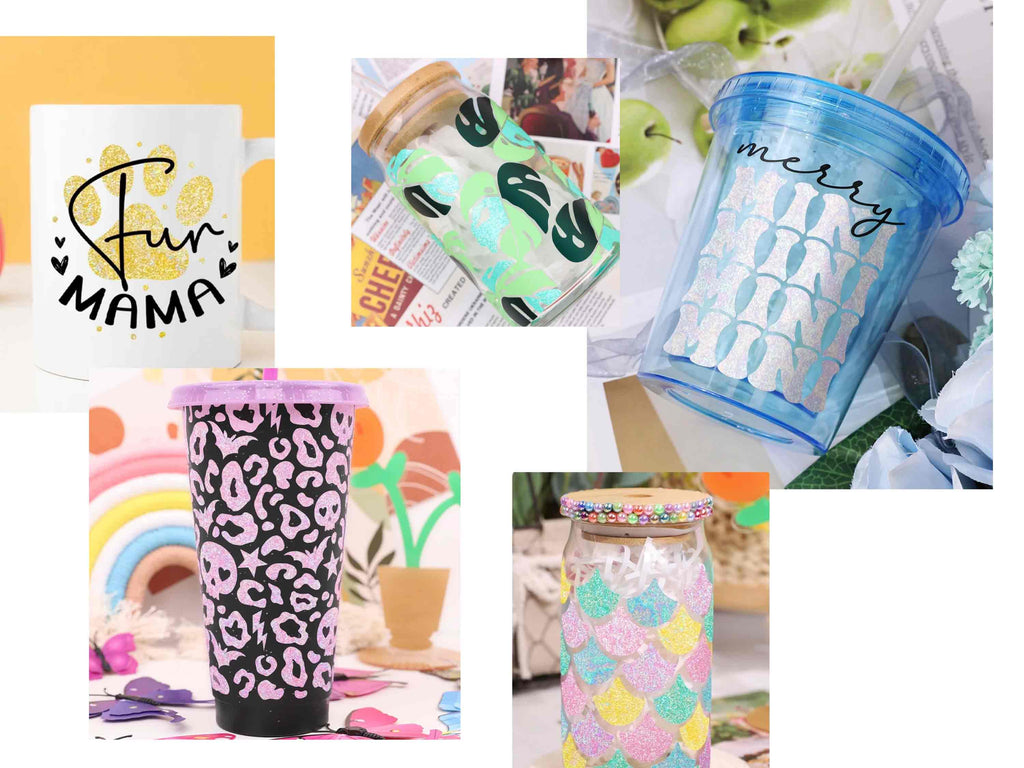 Vielfältige DIY-Anwendungen mit TeckWrap Craft Vinylfolie: Regenbogen-Schuppen, Leopard-Muster und Glitzer-Schriftzüge auf Bechern und Tassen.