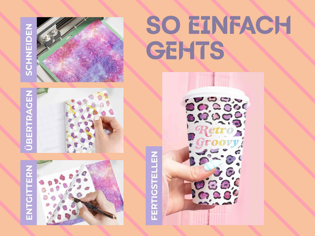 So funktioniert’s: Glitter Brush Vinyl von TeckWrap Craft schneiden, entgittern, übertragen und aufkleben – für farbenfrohe DIY-Projekte wie Cups.