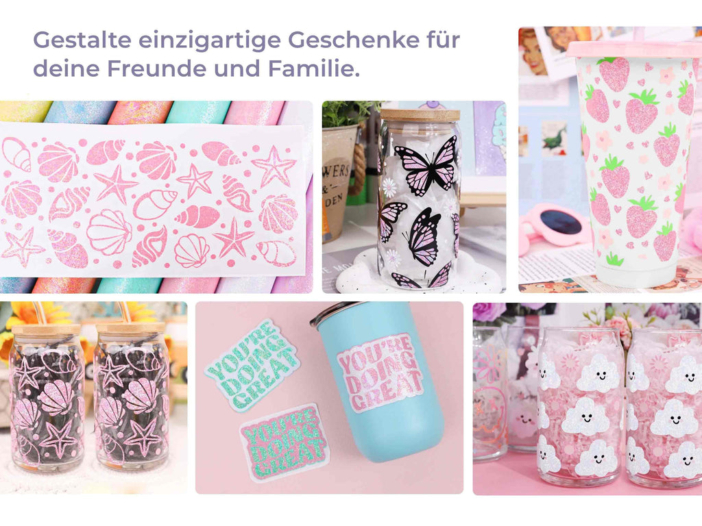 DIY-Ideen mit der Colorful Pearl Vinylfolie von TeckWrap Craft: Gläser, Becher und Sticker mit Glitzermotiven in Rosa, Pink, Weiß und mehr dekoriert.