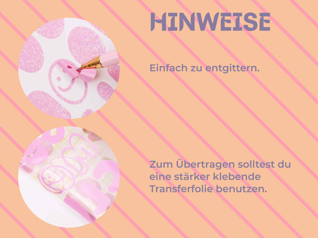 Hinweise zur Verarbeitung der Colorful Pearl Vinylfolie: einfach entgittern, für das Übertragen stärkere Transferfolie verwenden – ideal für Cricut & Co.