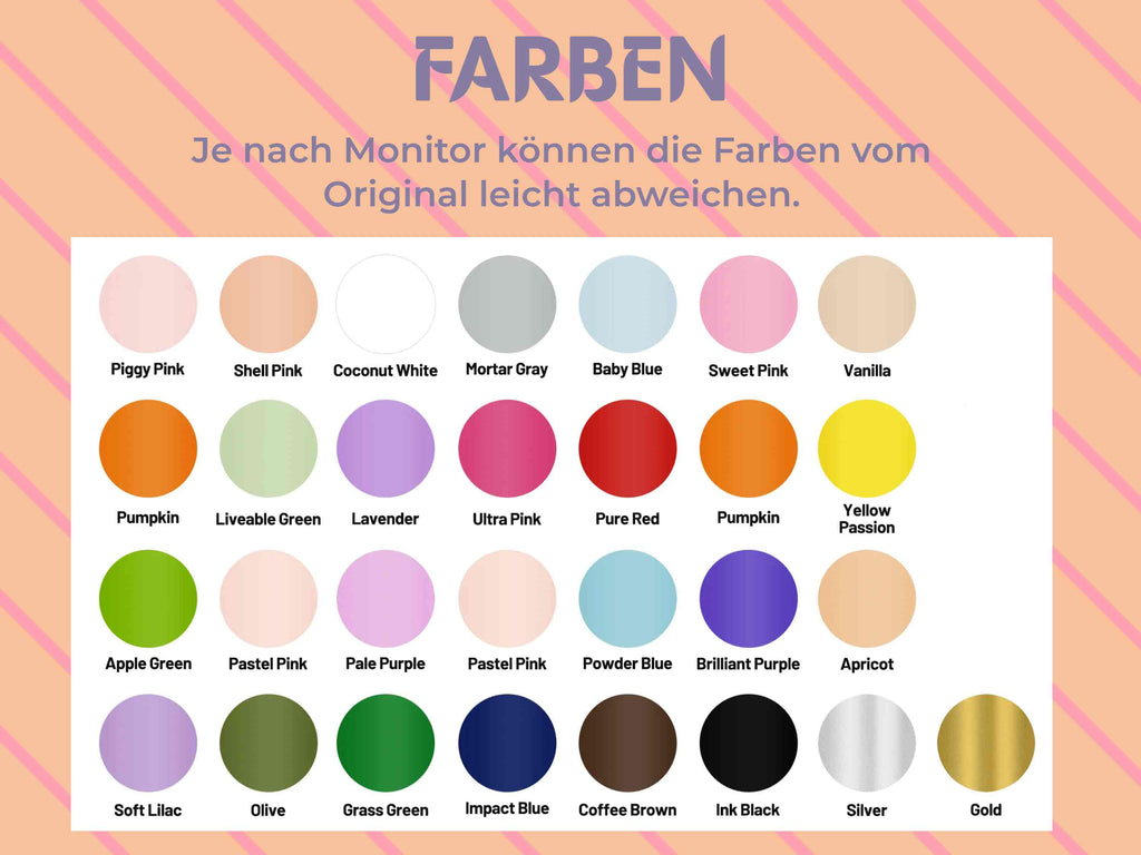 Farbkarte der matten TeckWrap Vinylfolie – über 30 Farben von zartem Rosa bis kräftigem Blau. Je nach Monitor kann es zu leichten Farbabweichungen kommen.