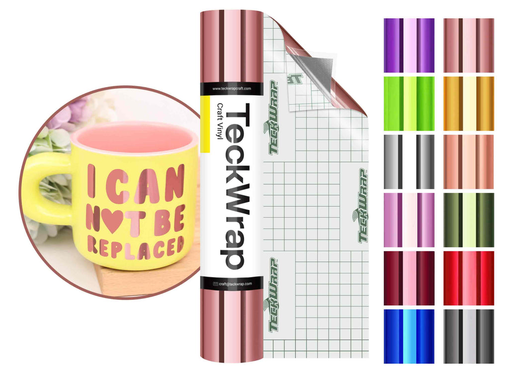 Selbstklebende Mirror Chrome Vinylfolie von TeckWrap Craft in Rosegold, auf DIY-Tasse mit Schriftzug verarbeitet, perfekt für Plotterprojekte.