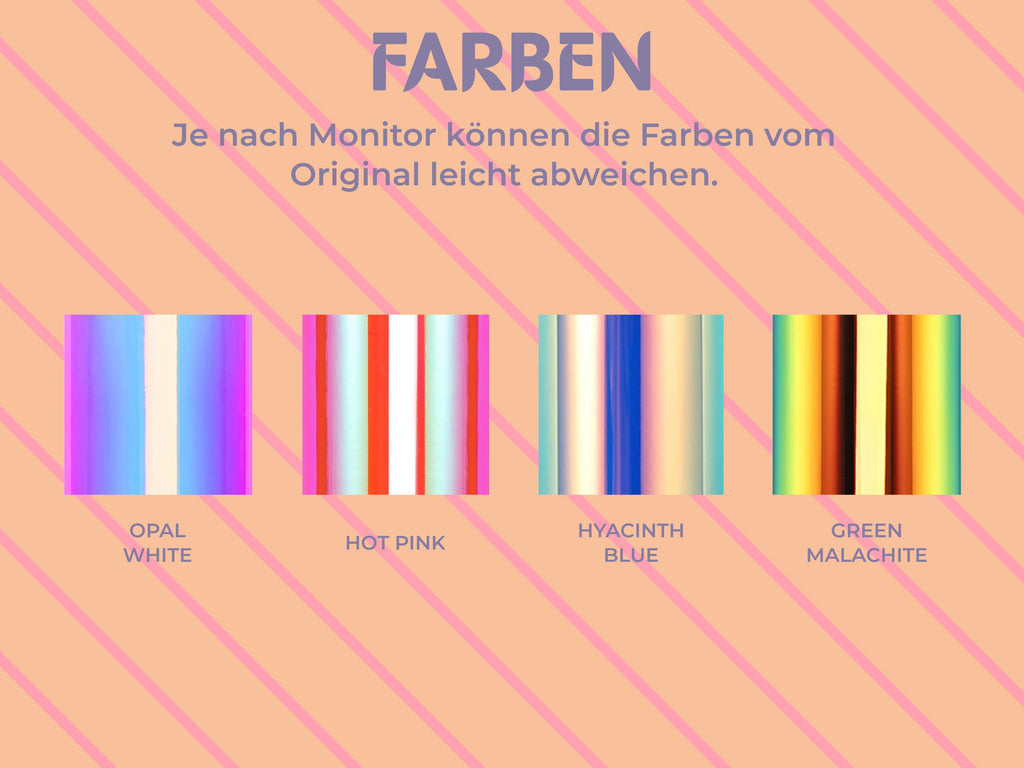 Farbauswahl der holografischen TeckWrap Craft Vinylfolie: mit irisierendem Finish und Rainbow-Schimmer.