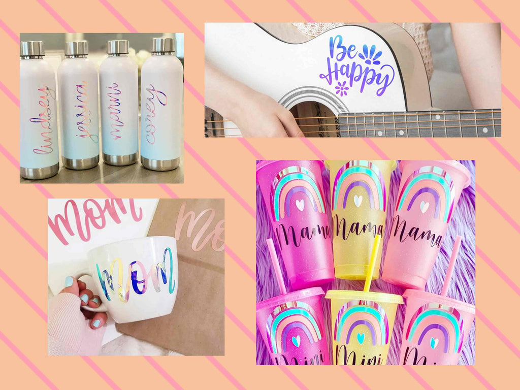 DIY-Ideen mit der holografischen Vinylfolie Opal White von TeckWrap Craft – ideal für Gläser, Tassen, Gitarre oder Bechergestaltung mit Cricut & Co.