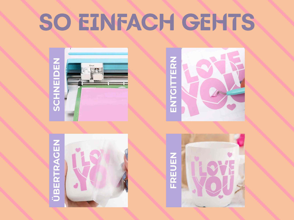 Anleitung zur Anwendung des Pastell-Vinylfolien-Sets: schneiden, entgittern, übertragen und aufkleben – einfache Handhabung für DIY-Projekte.