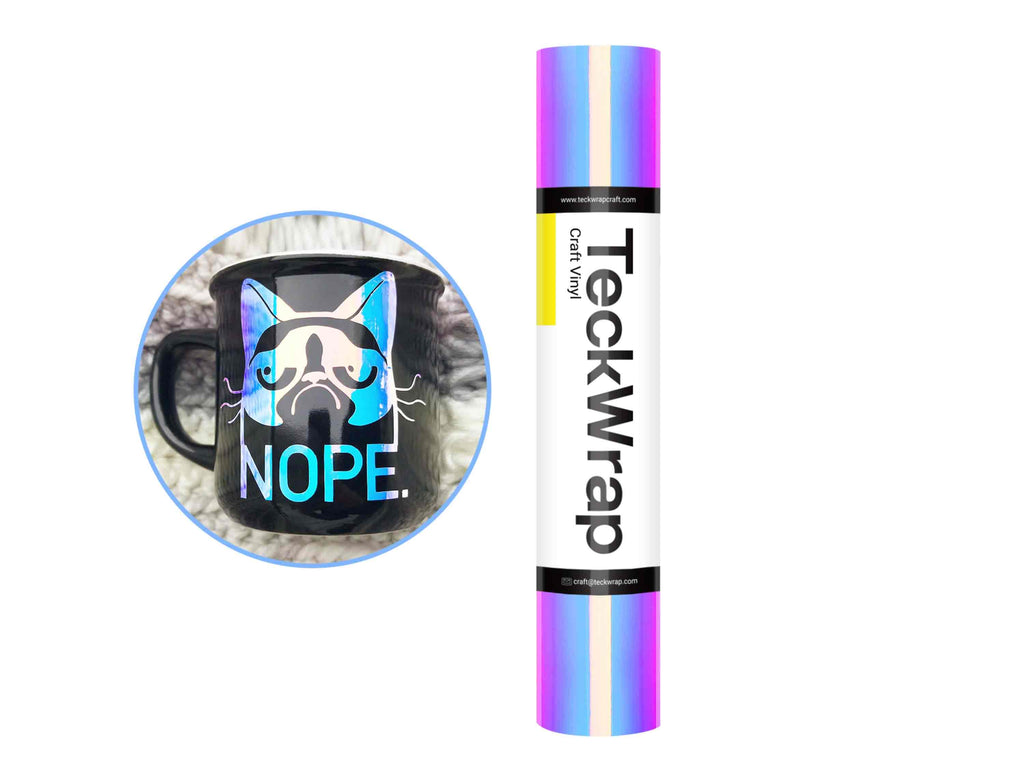 TeckWrap Craft Vinylfolie Opal White – holografisch glänzende Folie auf Rolle mit Regenbogeneffekt, ideal für Becherdesigns und Glasdeko.
