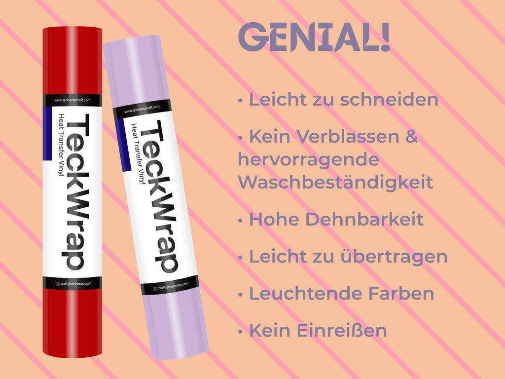 Vorteile der TeckWrap HTV PU Folie: leicht zu schneiden, hohe Waschbeständigkeit, dehnbar, kein Verblassen oder Reißen.