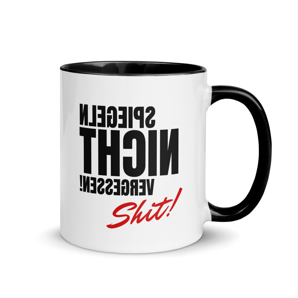 Lustige Tasse für Plotterfans, weiß mit schwarzen oder oten Henkeln und Innenbereich und mit Spruch Spiegeln nicht vergessen. 